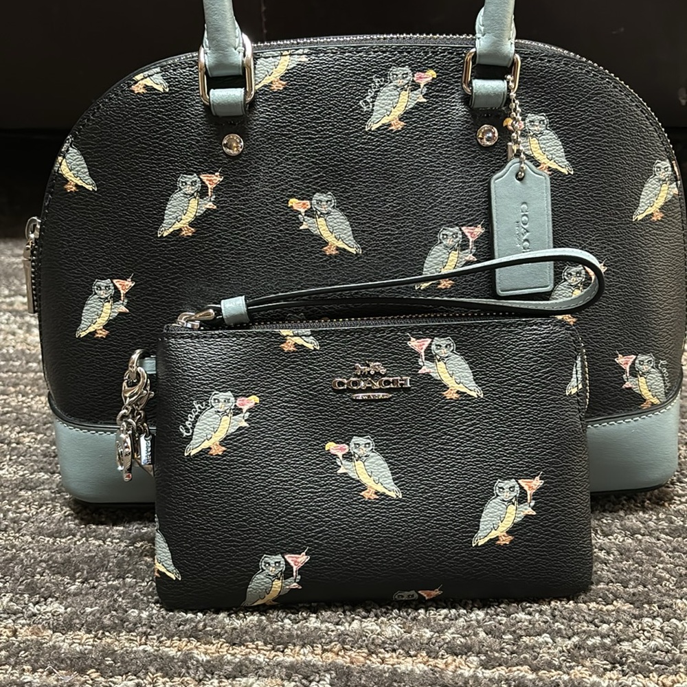 Coach Black Owl Print Dome Satchel with Light Blue Trim and Matching Wristlet